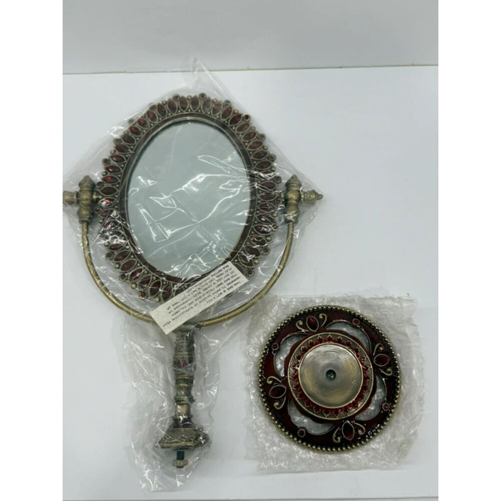 Vintage-Style Ornate Brass Jeweled Vanity Mirror Set